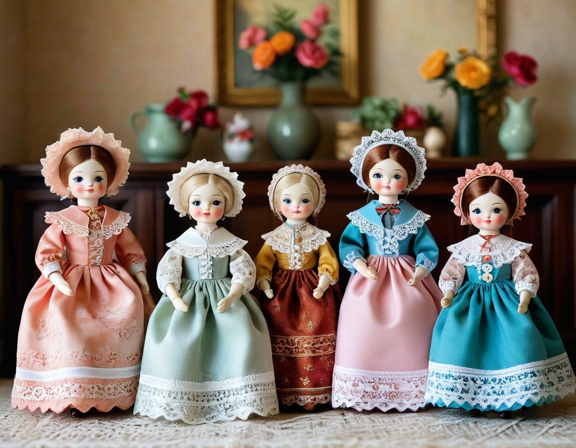 A beautifully arranged display of vintage grandmother dolls, showcasing a variety of styles from retro to bespoke. The dolls should wear intricate, colorful costumes representing different eras, surrounded by soft pastels and floral patterns in the background. Include delicate lace details and a touch of nostalgia with a cozy, warm lighting effect. super-realistic. vibrant colors. soft focus.