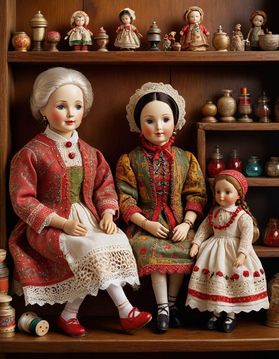 A warm, inviting scene featuring a collection of beautifully crafted grandmother dolls, showcasing intricate details in their attire and facial expressions. Surround the dolls with vintage sewing materials, lace, and soft lighting that highlights their craftsmanship. Include a cozy background with a wooden shelf filled with family heirlooms to evoke a sense of nostalgia and heritage. The overall atmosphere should feel timeless and charming. super-realistic. vibrant colors. warm tones.